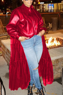 Red Fashion Adult Faux Leather Solid Patchwork Turndown Collar Outerwear