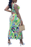 multicolor Fashion Sexy adult multicolor Tank Sleeveless V Neck Asymmetrical Mid-Calf Print Patchwork split asymmetrical Dresses