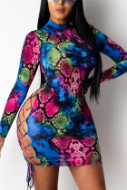Colour Sexy Print Bandage O Neck Wrapped Skirt Dresses