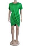 Red Casual adult Sexy Fashion Short Sleeves O neck Pleated Mini Solid Draped asymmetrical