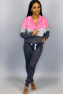 Pink knit Sexy Solid Patchwork Two Piece Suits Straight Long Sleeve Two-piece Pants Set