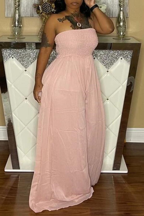 Pink Sexy Solid Patchwork Strapless Loose Jumpsuits