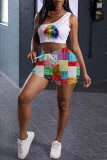 Pink Fashion Casual Print Basic One Shoulder Sleeveless Two Pieces