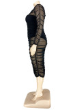 Black Solid Fold O Neck Long Sleeve Dress Plus Size 