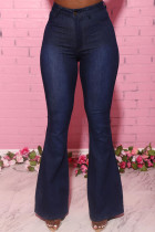 Dark Blue Fashion Daily Adult Solid Buttons Mid Waist Boot Cut Denim