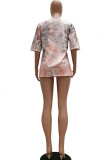purple Blue Pink purple O Neck Short Sleeve Patchwork Print Tie Dye Tops