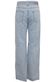 Light Blue Denim Zipper Fly Button Fly High Zippered Pocket Solid Straight Pants 
