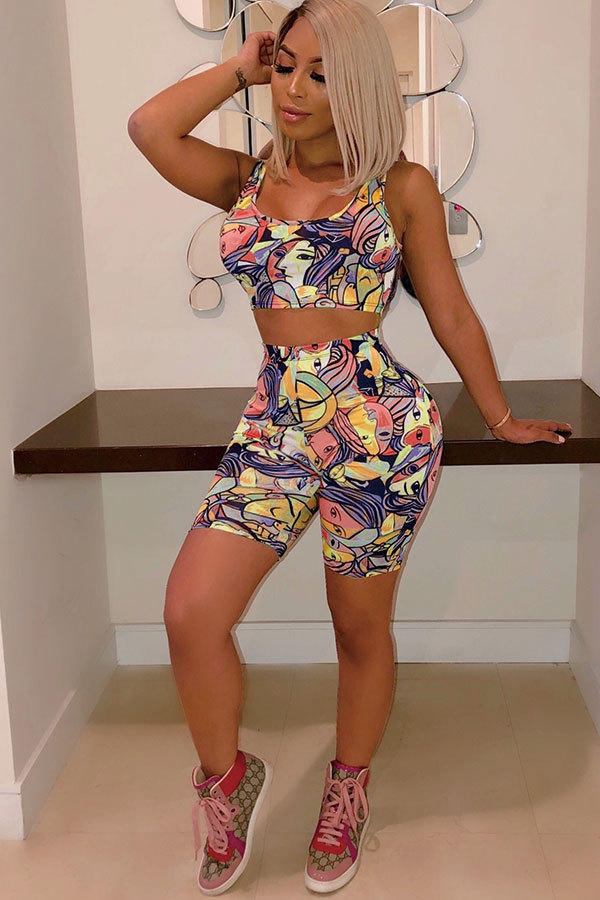 Multi-color Fashion Sexy Patchwork Print Straight Sleeveless Two-Piece Short Set