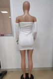 White Sexy Pit Article Fabrics Letter Print Solid Letter Bateau Neck Long Sleeve Mini Pencil Skirt Dresses