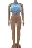 Blue Sexy Solid Patchwork Frenulum Flounce Halter Tops