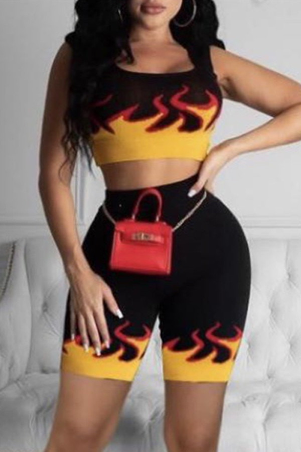 Black Casual Sportswear Print Basic U Neck Sleeveless Two Pieces