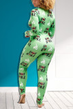 Rose Red Sweet Print V Neck Regular Jumpsuits
