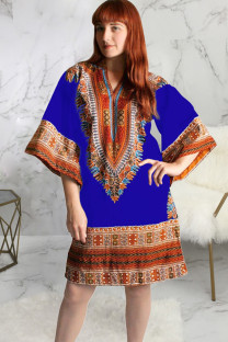 Blue Health cloth Sexy Bat sleeve 3/4 Length Sleeves V Neck Princess Dress Knee-Length Broken flowers Pat