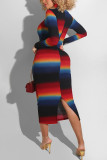 Black Daily Print O Neck Wrapped Skirt Dresses