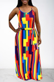 Navy Blue Casual Off The Shoulder Sleeveless Slip Swagger Floor-Length Print Patchwork