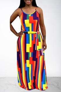 Multi-color Casual Off The Shoulder Sleeveless Slip Swagger Floor-Length Print Patchwork