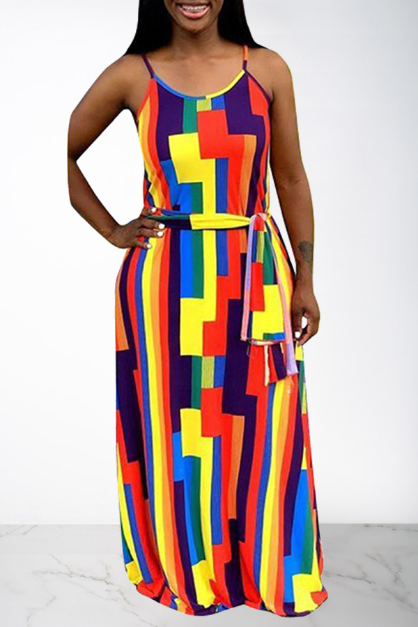 Multi-color Casual Off The Shoulder Sleeveless Slip Swagger Floor-Length Print Patchwork