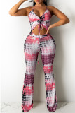 Red Fashion Casual Print Backless V Neck Sleeveless Two Pieces