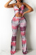 Red Fashion Casual Print Backless V Neck Sleeveless Two Pieces