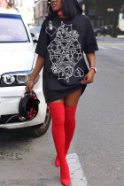 Black Fashion adult Ma'am Street Cap Sleeve Half Sleeves O neck Step Skirt skirt Print Dresses