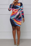 Multicolor Fashion Casual Print Basic O Neck Long Sleeve Dresses