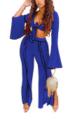 Blue Fashion Casual Adult Milk Fiber Patchwork Solid Patchwork V Neck Long Sleeve Flare Sleeve Short Two Pieces