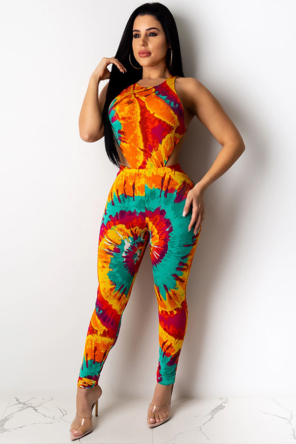 Orange Fashion adult Sexy contrast color Patchwork Tie Dye Print Gradient pencil Sleeveless