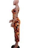 Orange Yellow Casual Print Bandage Patchwork U Neck Sleeveless Two Pieces