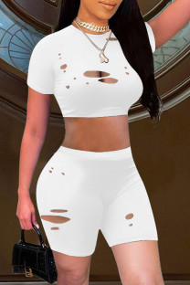 White Fashion Casual Solid Ripped Hollowed Out O Neck Short Sleeve Two Pieces