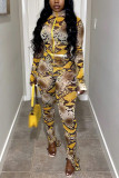 Yellow Fashion Casual Print Basic Turtleneck Long Sleeve Two Pieces