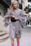 Red Fashion Long Sleeves Turndown Collar Asymmetrical Knee-Length ruffle hollow out Striped 