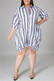 Black Fashion Casual Plus Size Striped Print Basic Turndown Collar Shirt Dress