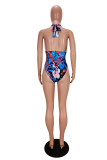 Blue Fashion Sexy Print Backless Swimwears
