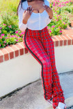 Red Fashion Casual Plaid Print Regular Mid Waist Trousers