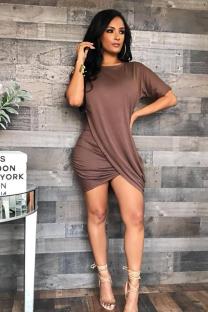 Coffee Casual adult Sexy Fashion Short Sleeves O neck Pleated Mini Solid Draped asymmetrical