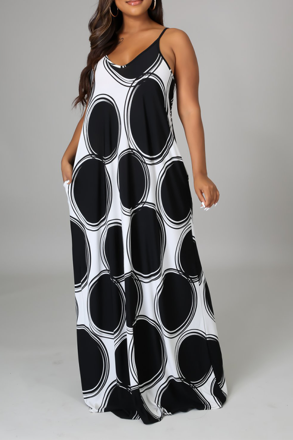 Black And White Sexy Print Patchwork Spaghetti Strap Straight Dresses
