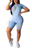 Black Fashion Casual adult Letter Patchwork Print Two Piece Suits pencil Short Sleeve Two Pieces
