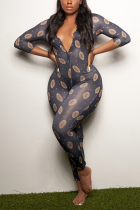 Grey Casual Print Patchwork V Neck Skinny Jumpsuits
