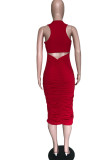 Red Fashion Solid Backless Asymmetrical O Neck Asymmetrical Dresses