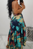 Blue Sexy Print Patchwork Loose Mid Waist Wide Leg Full Print Bottoms