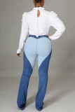 Baby Blue Fashion Casual Patchwork Basic High Waist Straight Jeans