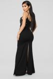 Black Sexy Fashion Spaghetti Strap Sleeveless Slip A-Line Floor-Length Patchwork Mesh lace persp
