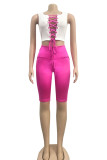 Blue Active Patchwork Solid contrast color bow-knot HOLLOWED OUT Straight Sleeveless Two Pieces
