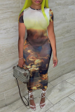 Blue Sexy Print Patchwork O Neck Pencil Skirt Dresses