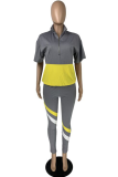 Grey Sportswear Color Block Patchwork Zipper Collar Short Sleeve Two Pieces
