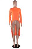Orange O Neck Long Sleeve Split Solid