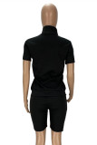 Grey Casual Sportswear Letter Embroidered Patchwork Zipper Collar Short Sleeve Two Pieces
