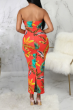 Red Sexy Print Hollowed Out Strapless Pencil Skirt Dresses