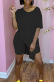 Black Fashion Casual Solid Slit V Neck Short Sleeve Two Pieces
