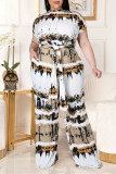Yellow Fashion Casual Print Basic O Neck Plus Size Two Pieces